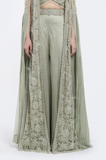 Onaya Green Organza, Georgette Floral Embellished Cape Sharara Set Online at Aza Fashions Onaya_Green Organza, Georgette Floral Embellished Cape Sharara Set_Online_at_Aza_Fashions