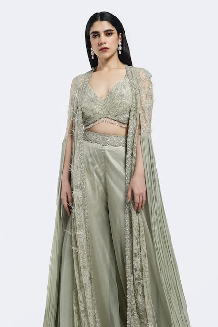 Buy Onaya Green Organza, Georgette Floral Embellished Cape Sharara Set Online at Aza Fashions Buy_Onaya_Green Organza, Georgette Floral Embellished Cape Sharara Set_Online_at_Aza_Fashions