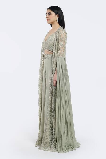 Shop Onaya Green Organza, Georgette Floral Embellished Cape Sharara Set Online at Aza Fashions Shop_Onaya_Green Organza, Georgette Floral Embellished Cape Sharara Set_Online_at_Aza_Fashions