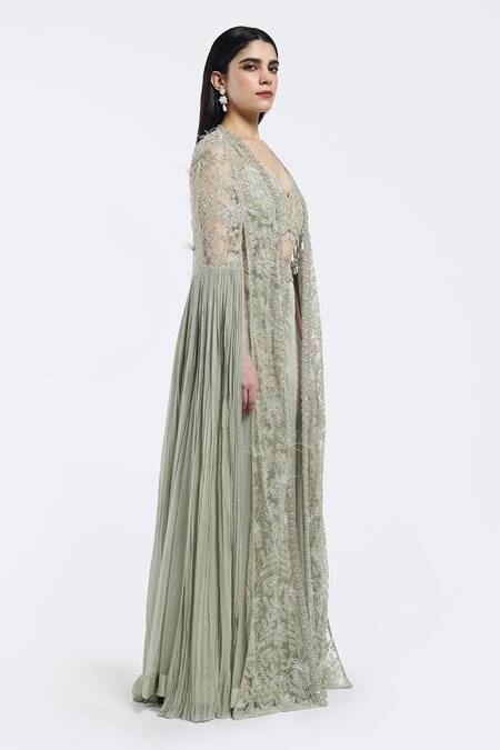 Onaya Green Organza, Georgette Floral Embellished Cape Sharara Set at Aza Fashions Onaya_Green Organza, Georgette Floral Embellished Cape Sharara Set_at_Aza_Fashions