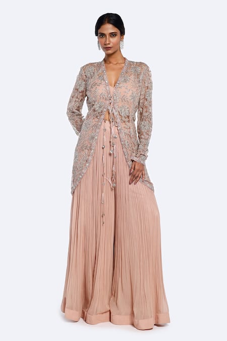 Onaya Floral Embellished Jacket Flared Pant Set 
