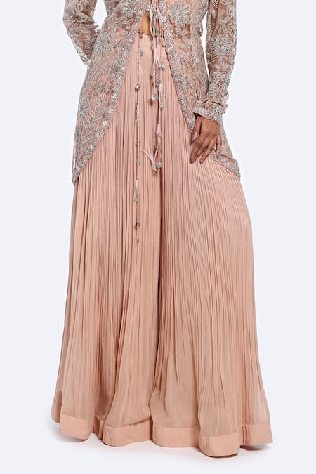 Onaya_Pink Net, Georgette Cut Work, Floral Embellished Jacket Flared Pant Set_Online_at_Aza_Fashions