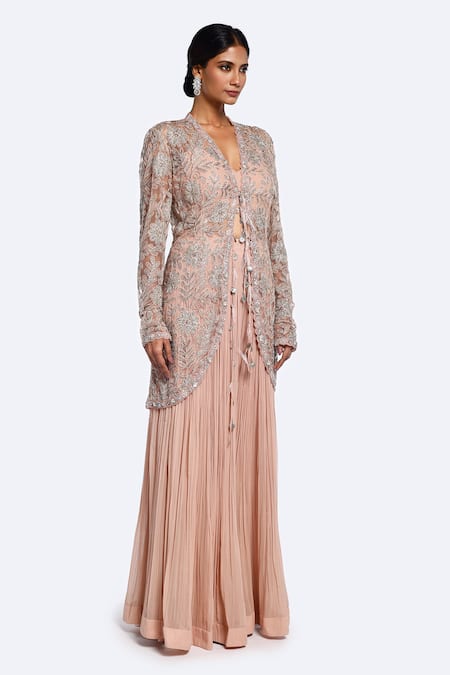 Onaya_Pink Net, Georgette Cut Work, Floral Embellished Jacket Flared Pant Set_at_Aza_Fashions
