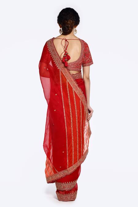 Shop Onaya Red Organza Sequins Round Neck Placement Floral Embellished Saree With Blouse at Aza Fashions Shop_Onaya_Red Organza Sequins Round Neck Placement Floral Embellished Saree With Blouse_at_Aza_Fashions