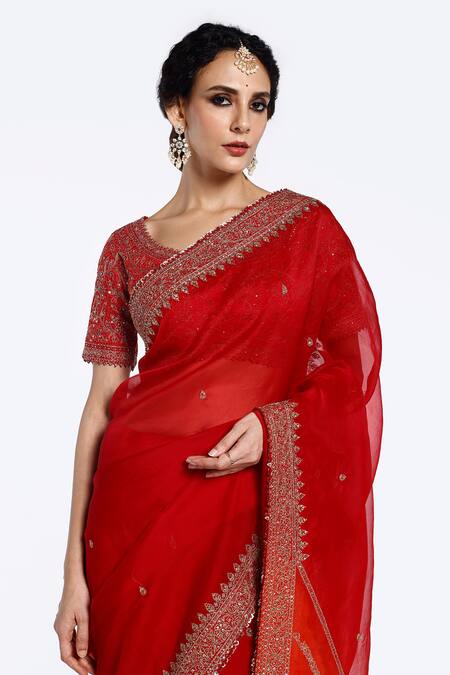 Onaya Red Organza Sequins Round Neck Placement Floral Embellished Saree With Blouse Online at Aza Fashions Onaya_Red Organza Sequins Round Neck Placement Floral Embellished Saree With Blouse_Online_at_Aza_Fashions