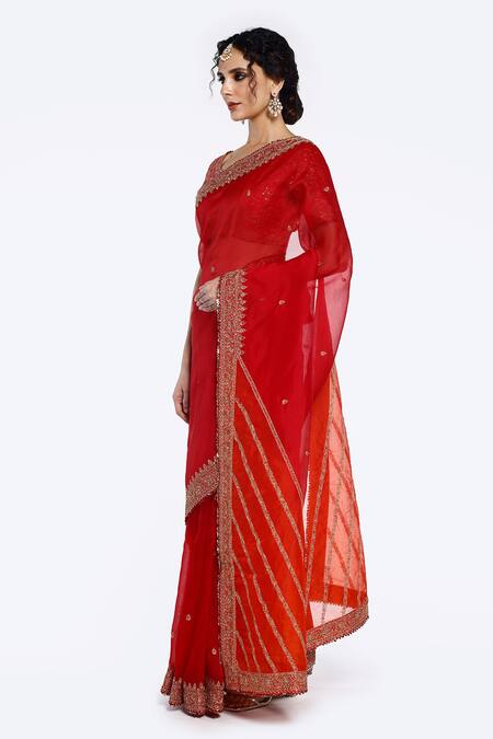 Buy Onaya Red Organza Sequins Round Neck Placement Floral Embellished Saree With Blouse Online at Aza Fashions Buy_Onaya_Red Organza Sequins Round Neck Placement Floral Embellished Saree With Blouse_Online_at_Aza_Fashions