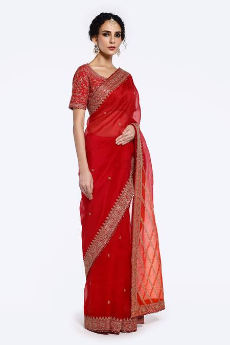 Shop Onaya Red Organza Sequins Round Neck Placement Floral Embellished Saree With Blouse Online at Aza Fashions Shop_Onaya_Red Organza Sequins Round Neck Placement Floral Embellished Saree With Blouse_Online_at_Aza_Fashions