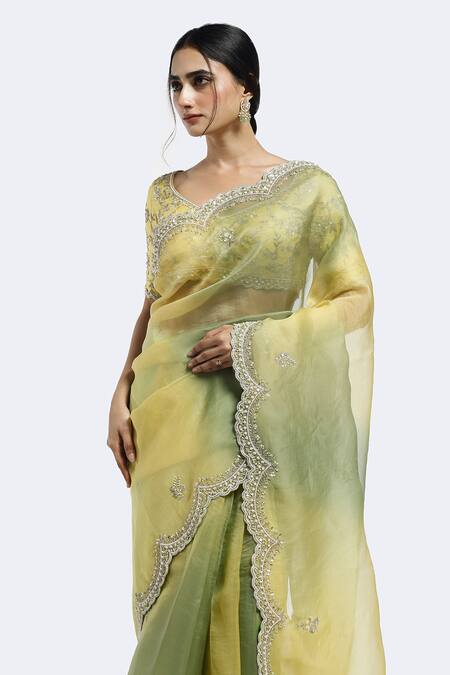 Onaya_Yellow Organza Embroidery Cutdana Paan Neck Gradient Saree With Blouse_Online_at_Aza_Fashions
