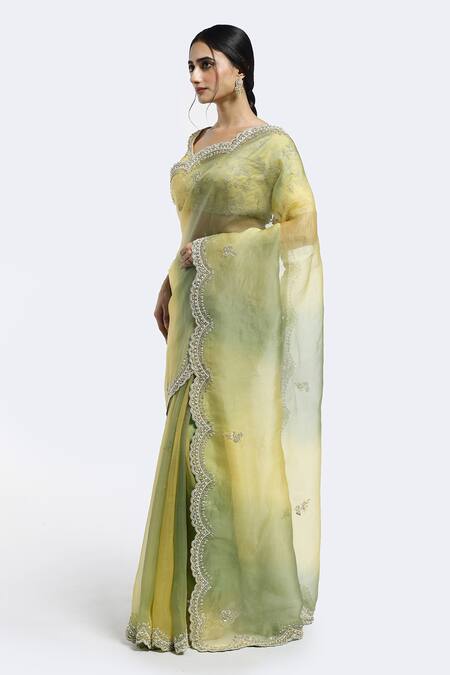 Buy_Onaya_Yellow Organza Embroidery Cutdana Paan Neck Gradient Saree With Blouse_Online_at_Aza_Fashions