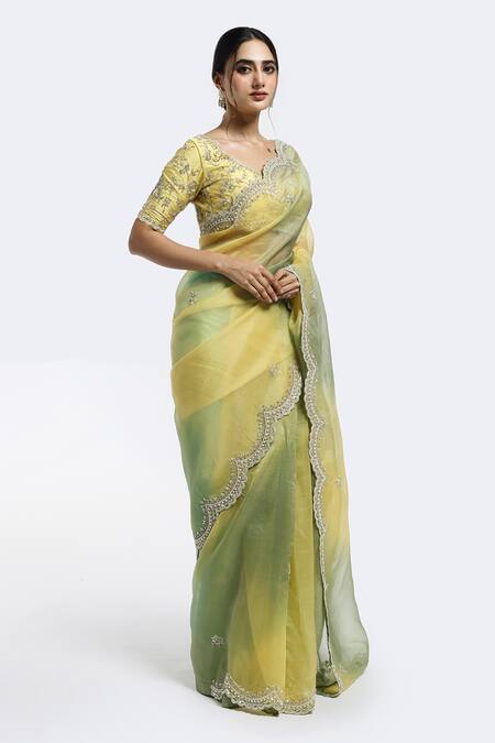 Shop_Onaya_Yellow Organza Embroidery Cutdana Paan Neck Gradient Saree With Blouse_Online_at_Aza_Fashions