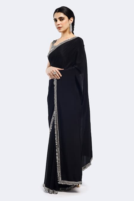 Onaya Black Crepe Sequins Polo Collar Contrast Embellished Border Saree With Blouse Online at Aza Fashions Onaya_Black Crepe Sequins Polo Collar Contrast Embellished Border Saree With Blouse _Online_at_Aza_Fashions