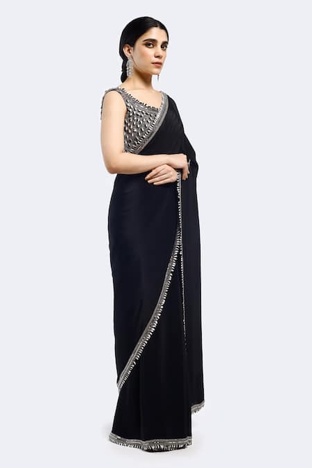 Buy Onaya Black Crepe Sequins Polo Collar Contrast Embellished Border Saree With Blouse Online at Aza Fashions Buy_Onaya_Black Crepe Sequins Polo Collar Contrast Embellished Border Saree With Blouse _Online_at_Aza_Fashions