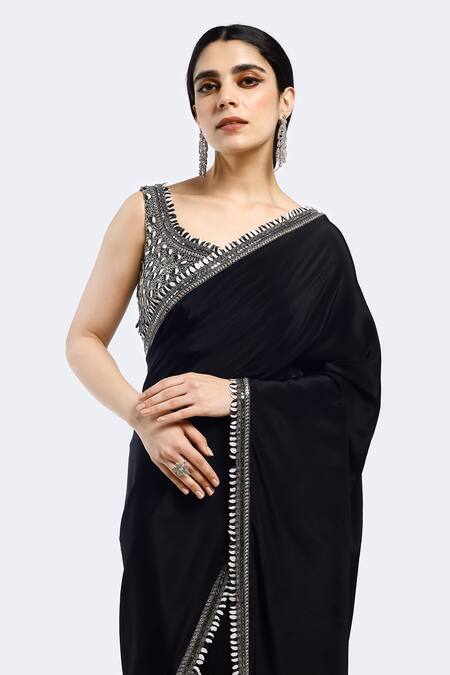 Shop Onaya Black Crepe Sequins Polo Collar Contrast Embellished Border Saree With Blouse Online at Aza Fashions Shop_Onaya_Black Crepe Sequins Polo Collar Contrast Embellished Border Saree With Blouse _Online_at_Aza_Fashions