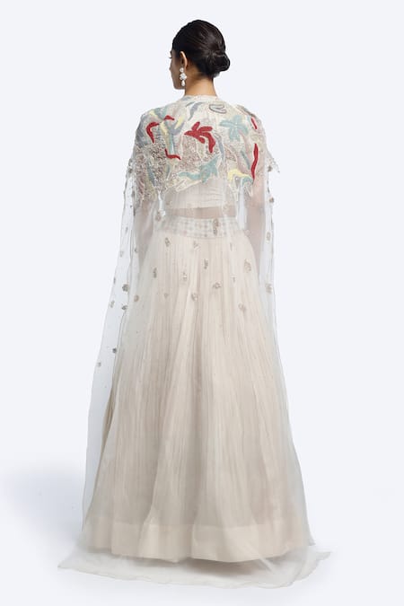 Shop_Onaya_Ivory Organza, Crepe Sequins, Cut Work Open Butti Embroidered Cape And Lehenga Set _at_Aza_Fashions