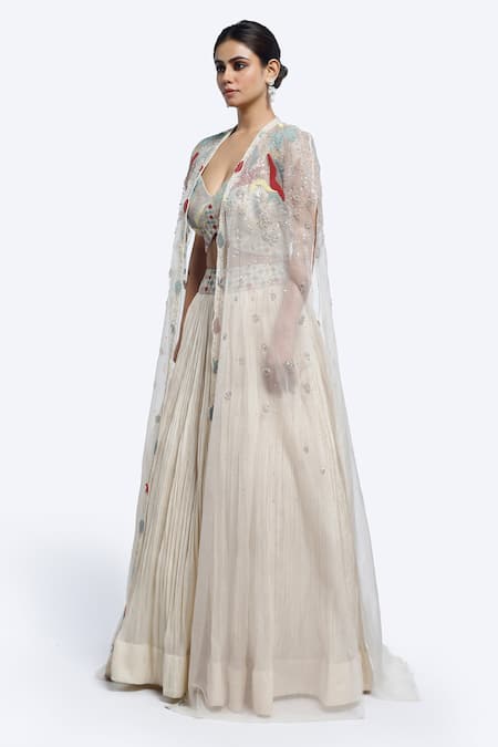 Onaya_Ivory Organza, Crepe Sequins, Cut Work Open Butti Embroidered Cape And Lehenga Set _Online_at_Aza_Fashions