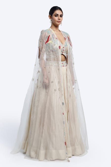 Buy_Onaya_Ivory Organza, Crepe Sequins, Cut Work Open Butti Embroidered Cape And Lehenga Set _Online_at_Aza_Fashions