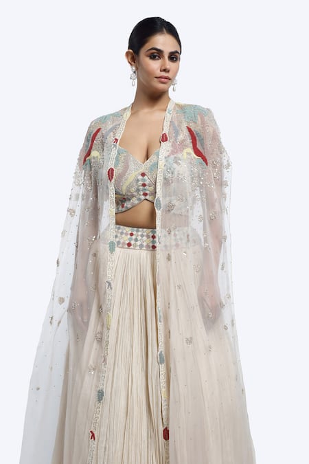 Shop_Onaya_Ivory Organza, Crepe Sequins, Cut Work Open Butti Embroidered Cape And Lehenga Set _Online_at_Aza_Fashions