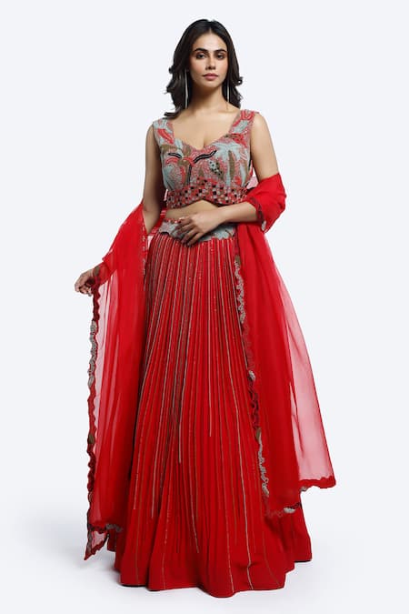 Onaya Red Georgette Embroidery Cutdana Paan Neck Stripe Embellished Lehenga Set 
