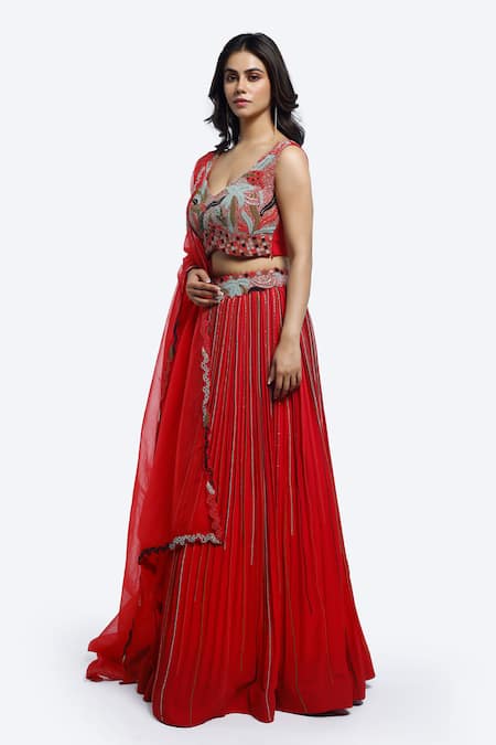 Onaya_Red Georgette Cut Work, Embroidery Polo Collar Stripe Embellished Lehenga Set _Online_at_Aza_Fashions