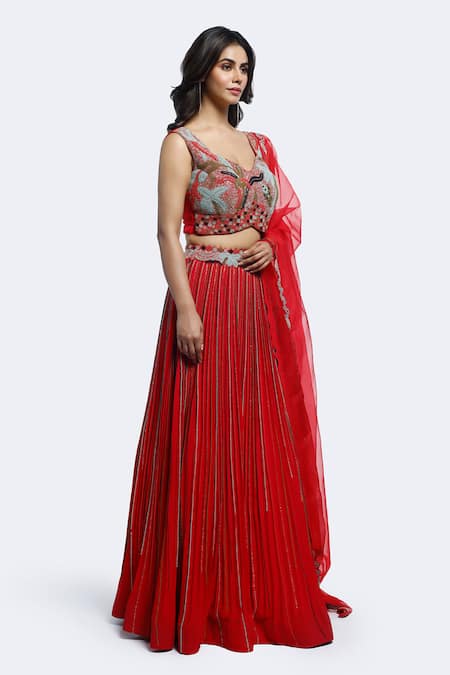 Buy_Onaya_Red Georgette Cut Work, Embroidery Polo Collar Stripe Embellished Lehenga Set _Online_at_Aza_Fashions