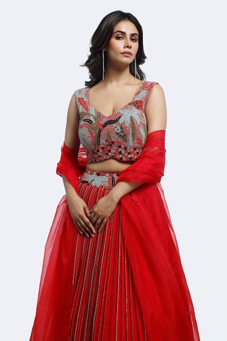 Shop_Onaya_Red Georgette Cut Work, Embroidery Polo Collar Stripe Embellished Lehenga Set _Online_at_Aza_Fashions