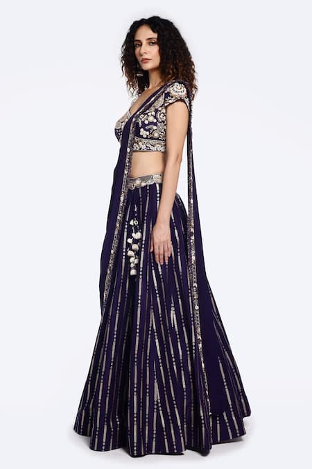 Onaya_Purple Crepe Sequins Pre-draped Abstract Embroidered Lehenga Saree With Blouse_Online_at_Aza_Fashions