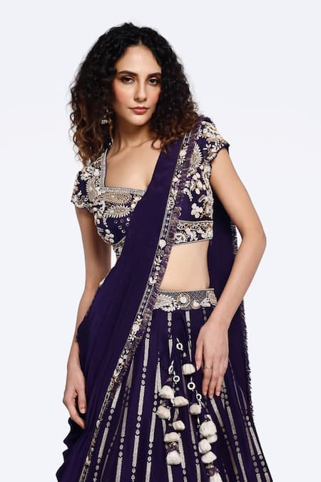 Shop_Onaya_Purple Crepe Sequins Pre-draped Abstract Embroidered Lehenga Saree With Blouse_Online_at_Aza_Fashions