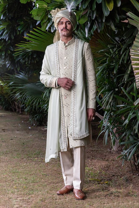 Philocaly Green Embroidered Fabric Textured Gold Accents Heer Sherwani And Kurta Set 