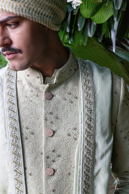 Philocaly Green Silk Embroidery Heer Sherwani And Kurta Set at Aza Fashions Philocaly_Green Silk Embroidery Heer Sherwani And Kurta Set _at_Aza_Fashions