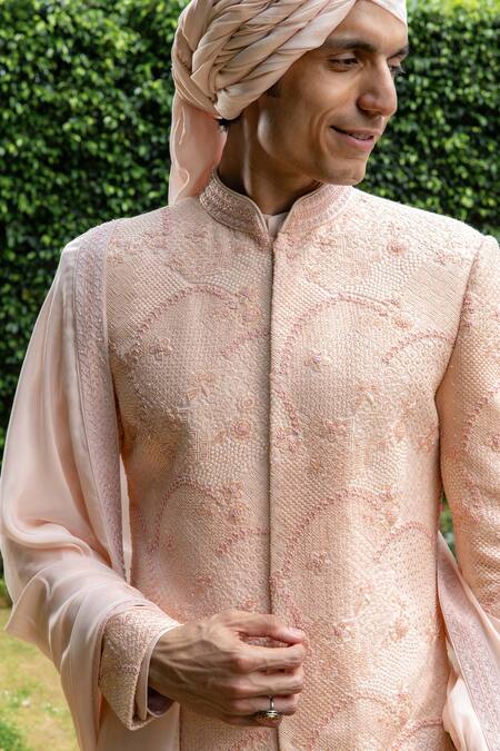 Philocaly_Pink Silk Beads, Embroidery Gulzaar Sherwani And Kurta Set _Online_at_Aza_Fashions