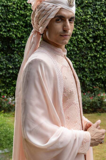 Buy_Philocaly_Pink Silk Beads, Embroidery Gulzaar Sherwani And Kurta Set _Online_at_Aza_Fashions