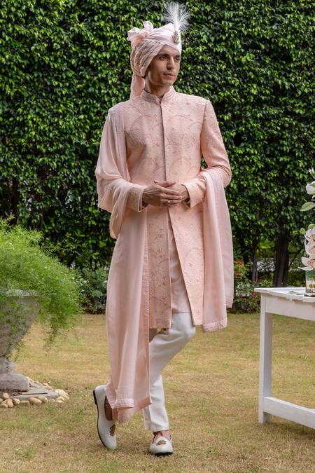 Shop_Philocaly_Pink Silk Beads, Embroidery Gulzaar Sherwani And Kurta Set _Online_at_Aza_Fashions