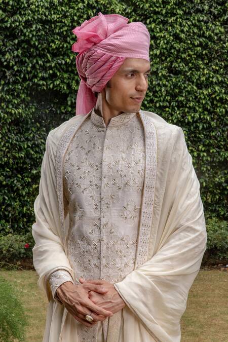 Philocaly_Off White Silk Beads, Embroidery Rooh Thread Sherwani And Kurta Set _Online_at_Aza_Fashions