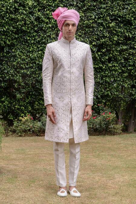 Buy_Philocaly_Off White Silk Beads, Embroidery Rooh Thread Sherwani And Kurta Set _Online_at_Aza_Fashions