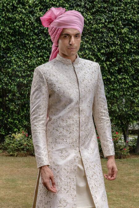Shop_Philocaly_Off White Silk Beads, Embroidery Rooh Thread Sherwani And Kurta Set _Online_at_Aza_Fashions