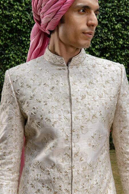 Philocaly_Off White Silk Beads, Embroidery Rooh Thread Sherwani And Kurta Set _at_Aza_Fashions