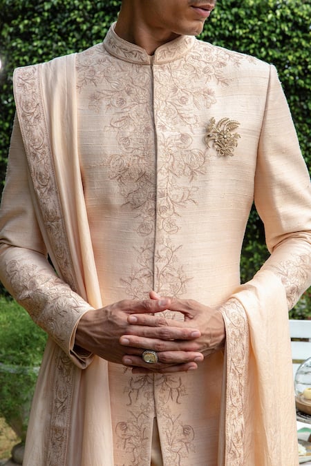 Philocaly Beige Silk Embroidery, Beads Bhuvan Floral Sherwani And Kurta Set Online at Aza Fashions Philocaly_Beige Silk Embroidery, Beads Bhuvan Floral Sherwani And Kurta Set _Online_at_Aza_Fashions