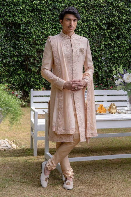 Buy Philocaly Beige Silk Embroidery, Beads Bhuvan Floral Sherwani And Kurta Set Online at Aza Fashions Buy_Philocaly_Beige Silk Embroidery, Beads Bhuvan Floral Sherwani And Kurta Set _Online_at_Aza_Fashions
