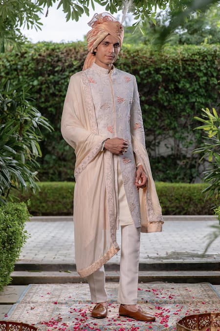 Philocaly Off White Raw Silk Embroidered Applique Arnit Floral Work Sherwani And Kurta Set 