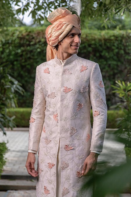 Philocaly_Off White Silk, Chiffon Arnit Floral Applique Work Sherwani And Kurta Set _Online_at_Aza_Fashions