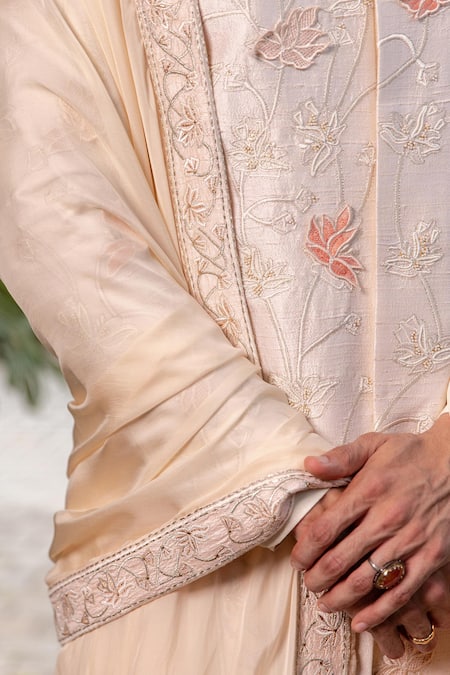 Shop_Philocaly_Off White Silk, Chiffon Arnit Floral Applique Work Sherwani And Kurta Set _Online_at_Aza_Fashions
