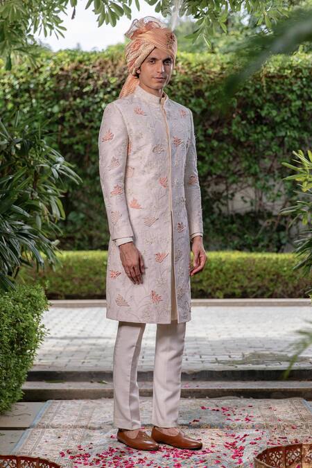 Philocaly_Off White Silk, Chiffon Arnit Floral Applique Work Sherwani And Kurta Set _at_Aza_Fashions