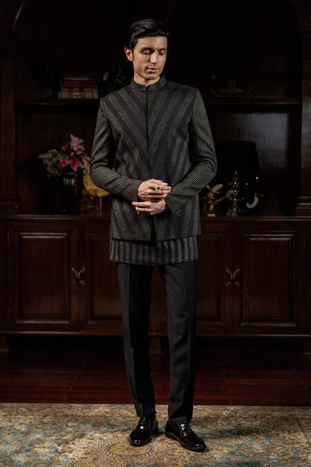 Philocaly Black Cotton, Silk Embroidery Nishil Dori Detailed Bandhgala Set Online at Aza Fashions Philocaly_Black Cotton, Silk Embroidery Nishil Dori Detailed Bandhgala Set _Online_at_Aza_Fashions