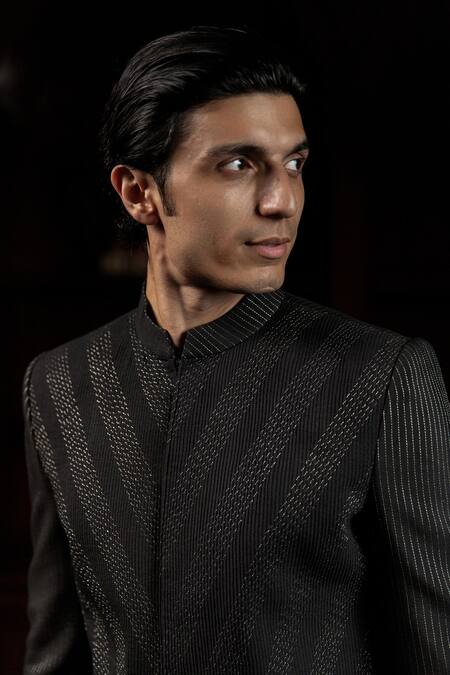 Shop Philocaly Black Cotton, Silk Embroidery Nishil Dori Detailed Bandhgala Set Online at Aza Fashions Shop_Philocaly_Black Cotton, Silk Embroidery Nishil Dori Detailed Bandhgala Set _Online_at_Aza_Fashions