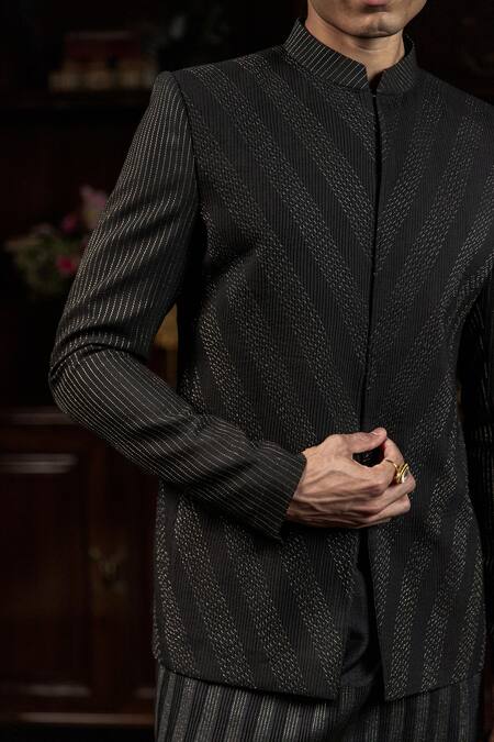 Philocaly Black Cotton, Silk Embroidery Nishil Dori Detailed Bandhgala Set at Aza Fashions Philocaly_Black Cotton, Silk Embroidery Nishil Dori Detailed Bandhgala Set _at_Aza_Fashions