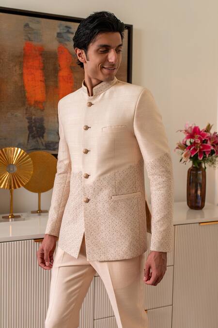 Philocaly_Beige Silk Diamonds Shaan Placement Embroidered Bandhgala _Online_at_Aza_Fashions