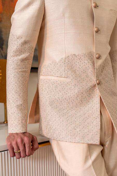 Buy_Philocaly_Beige Silk Diamonds Shaan Placement Embroidered Bandhgala _Online_at_Aza_Fashions