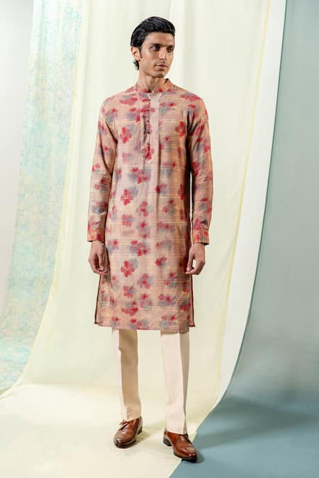 Philocaly Red Cotton Tussar Printed Abstract Mahit Floral Kurta 