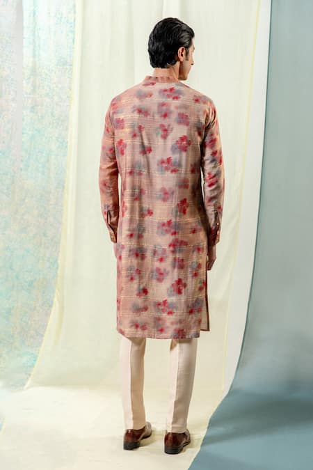 Shop Philocaly Red Cotton, Tussar Mahit Abstract Floral Print Kurta at Aza Fashions Shop_Philocaly_Red Cotton, Tussar Mahit Abstract Floral Print Kurta _at_Aza_Fashions