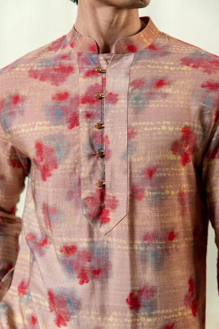 Philocaly Red Cotton, Tussar Mahit Abstract Floral Print Kurta Online at Aza Fashions Philocaly_Red Cotton, Tussar Mahit Abstract Floral Print Kurta _Online_at_Aza_Fashions